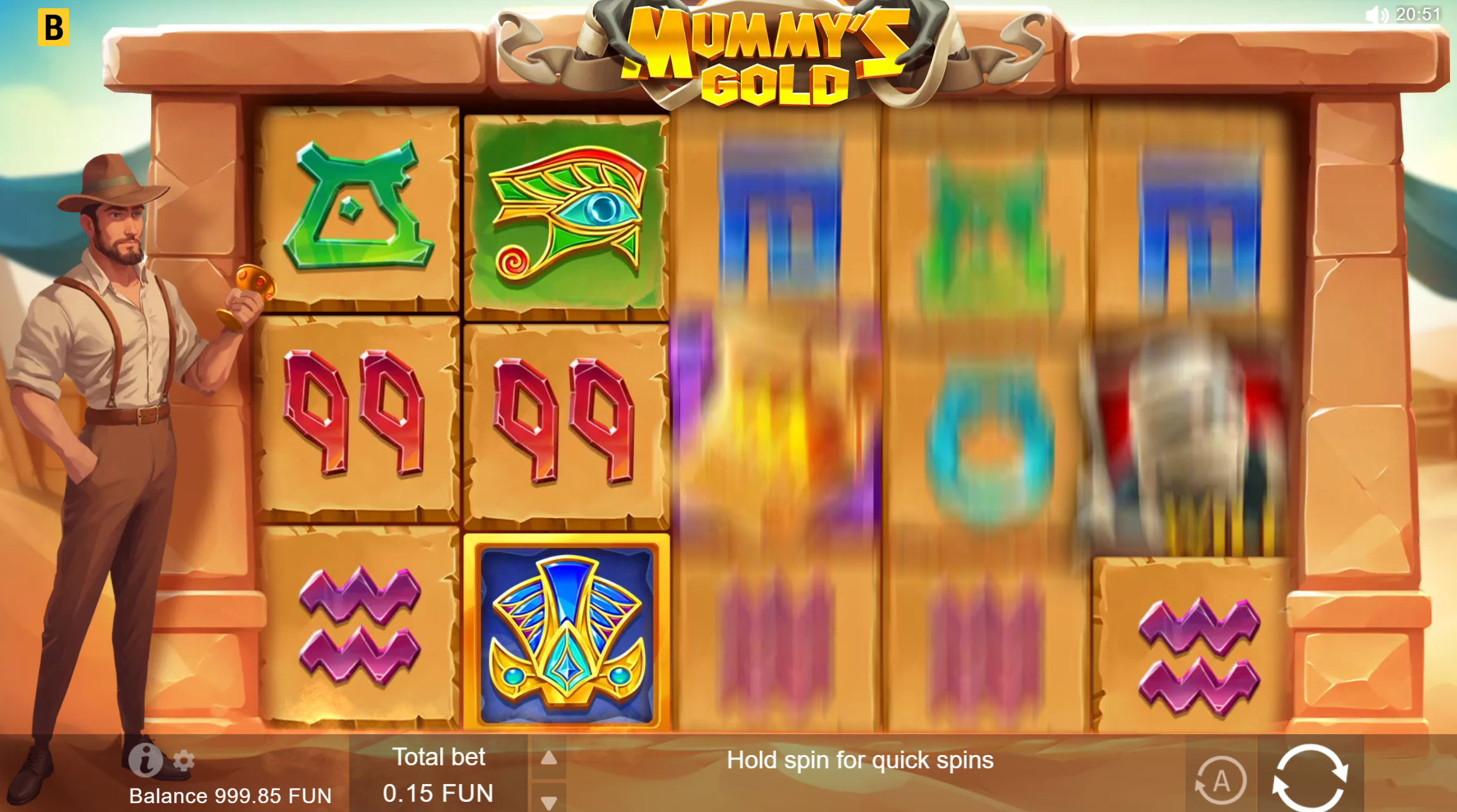 A slot Mummy's Gold tem um design de 5 x 3 tambores, 15 linhas de pagamento fixas